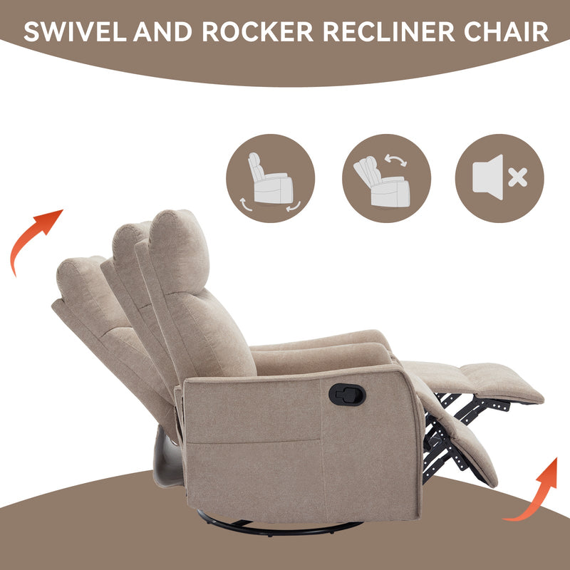 Heat Massage Manual Recliner Chair with Rocker and Swivel in Fabric for Living Room, Khaki by HouseOfZazla