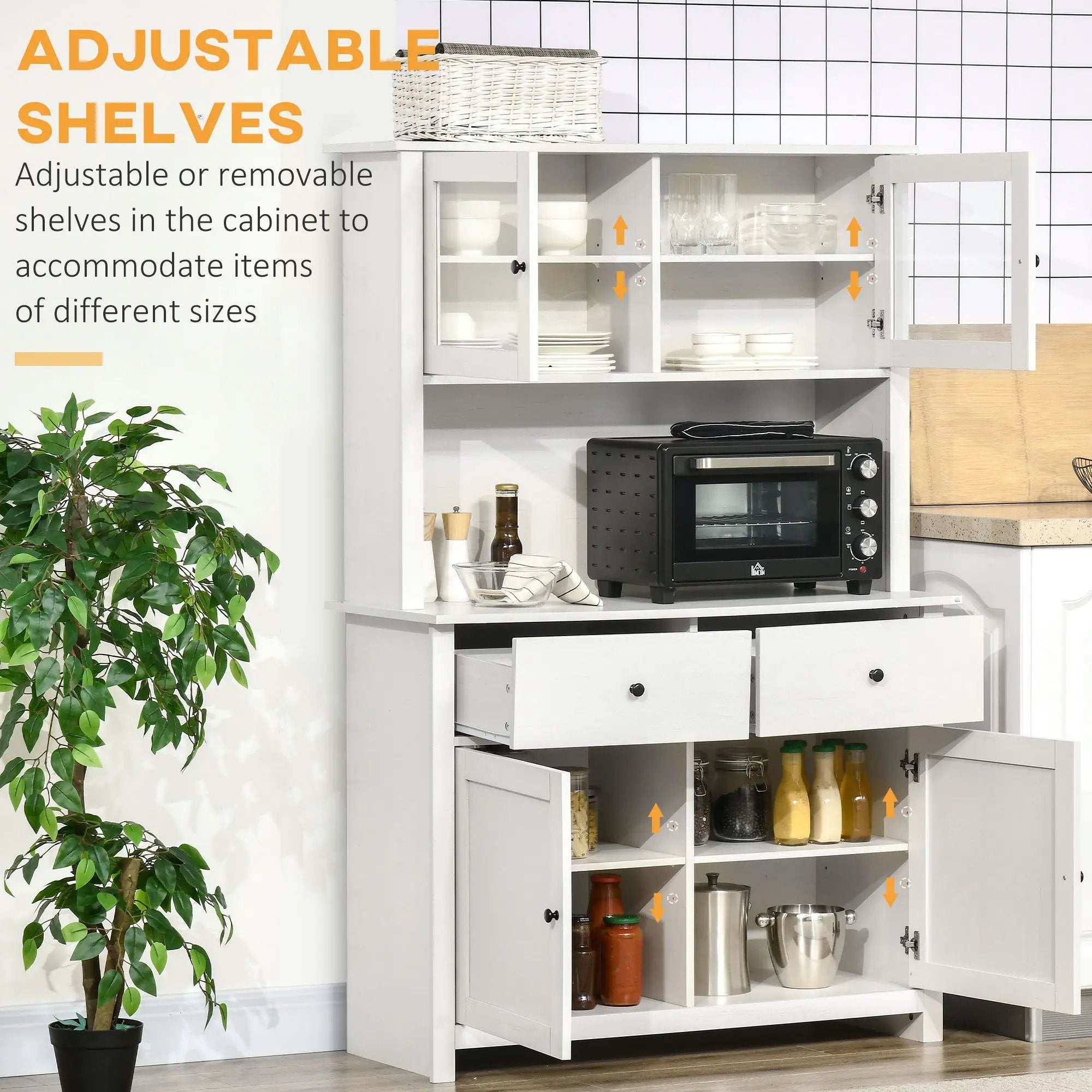 Homcom - 63.5" Kitchen Buffet With Hutch, Pantry Storage Cabinet With 4 Shelves, Drawers, Framed Glass Doors, Open Microwave Countertop - Antique White by Unique Piece Furniture