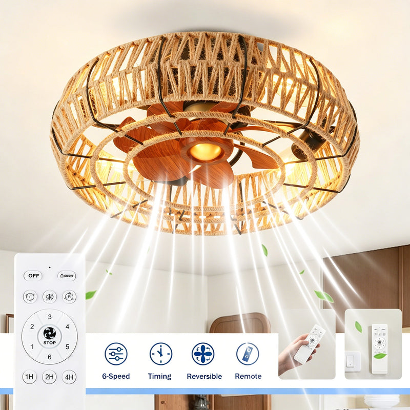 20" Rope Caged Flush Mount Ceiling Fan with Light Kit and Remote Control by HouseOfZazla