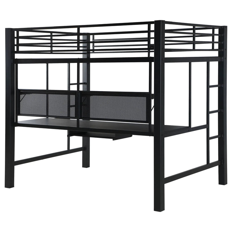 Ranier - Full Workstation Loft Bed, Full Length Desk, Safety Rails And Storage Shelves - Black by HouseOfZazla
