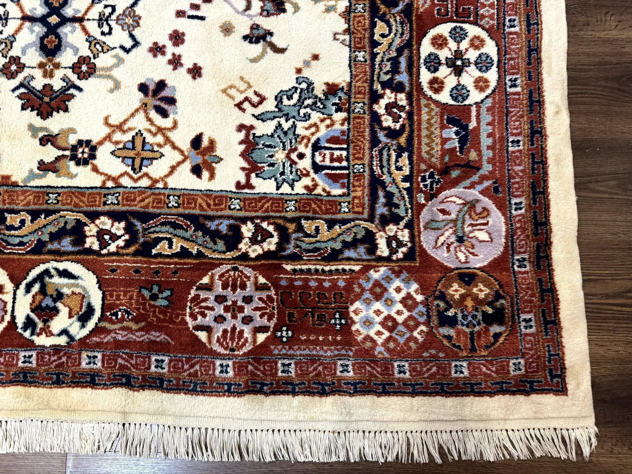 Indo Chinese Wool Rug 9x12, Ivory and Rust Red, Dragon Motifs by Jewel Rugs