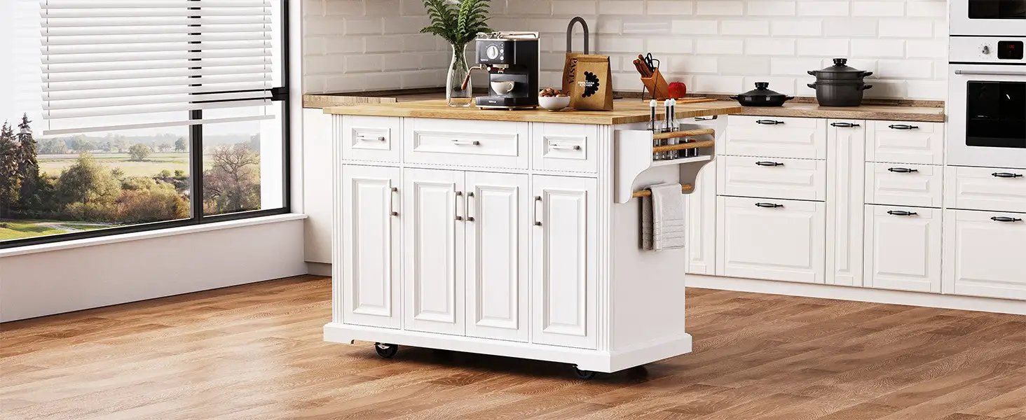 K&K 54-Inch Large Kitchen Island with Rubber Wood Drop Leaf by HouseOfZazla