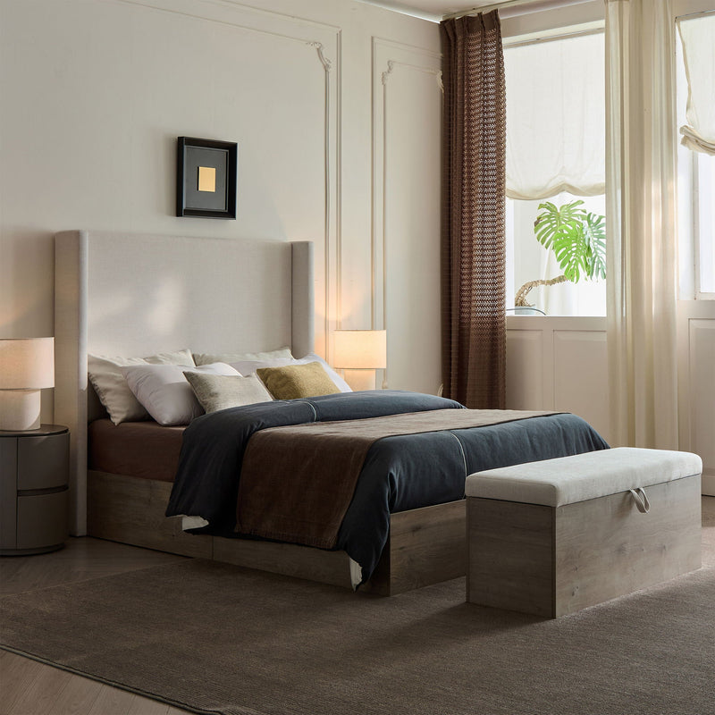 Queen Upholstered Wingback Bed with 54" High Headboard - Ivory / Light Gray / Camel Oak, photo 5 of 14