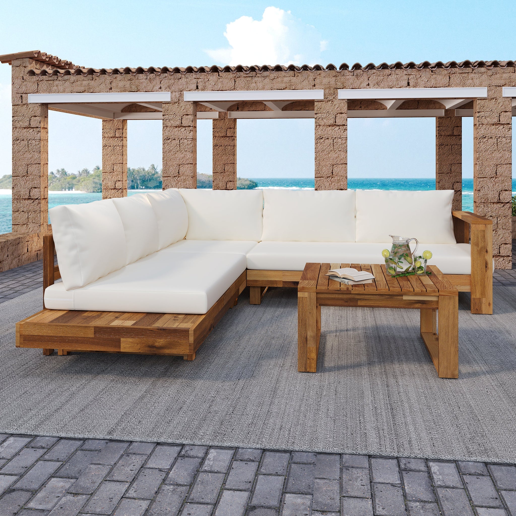 Outdoor 4pc Acacia Wood Sectional Patio Sofa Set by HouseOfZazla