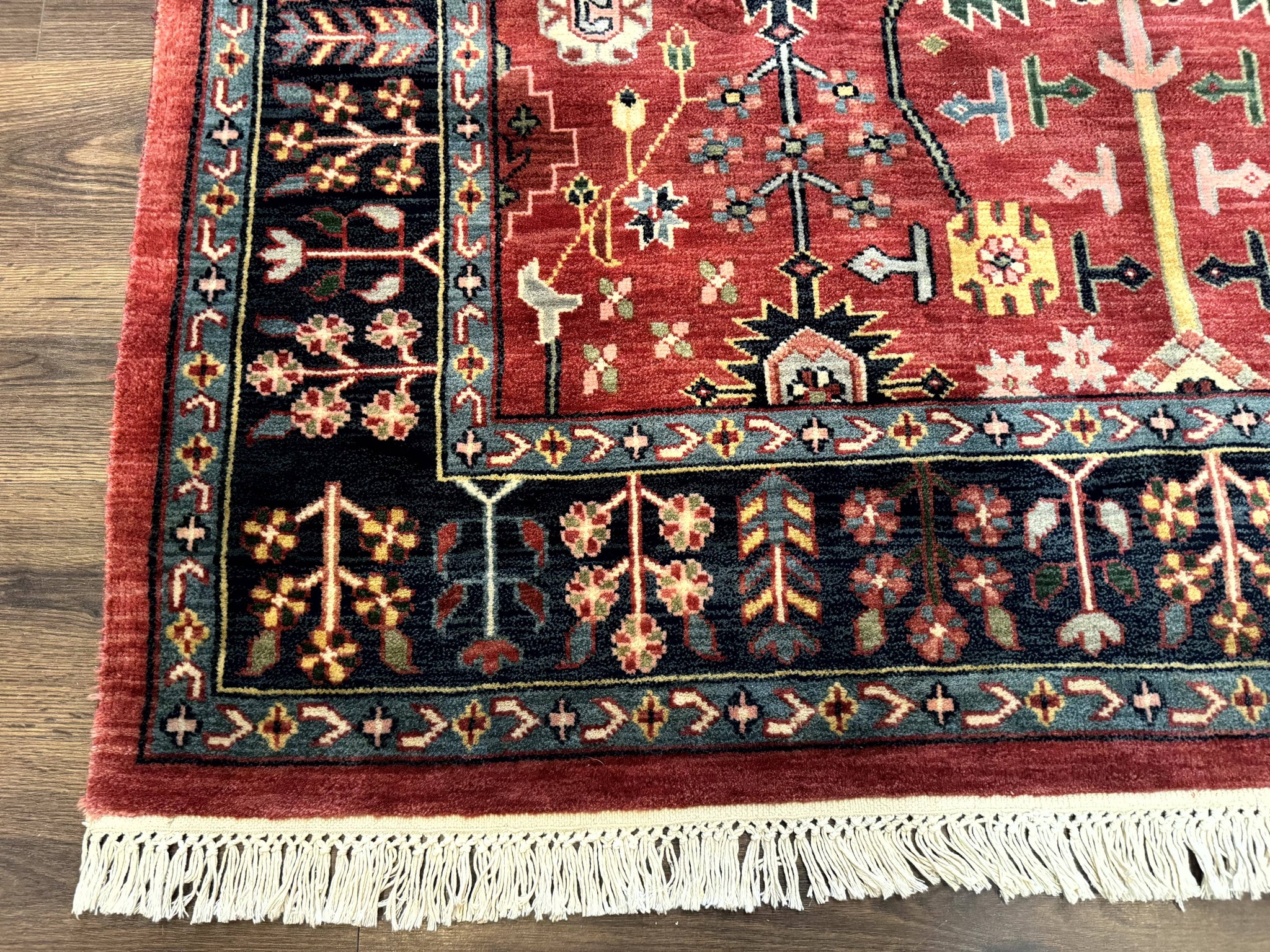 Indo Persian Heriz Serapi Rug 6x8, Rust Red and Navy Blue, Allover Pattern by Jewel Rugs
