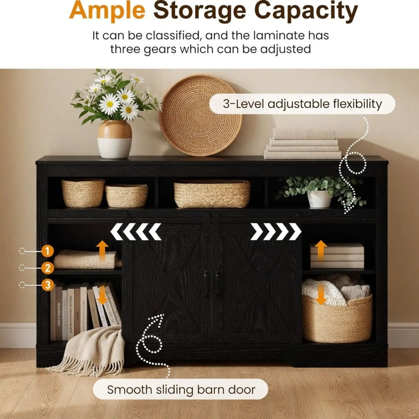 Farmhouse TV Stand With Sliding Barn Doors & Adjustable Storage by HouseOfZazla