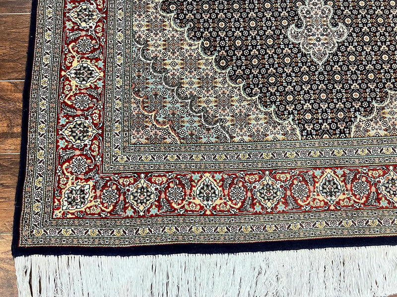 Persian Tabriz Rug 5x7, Wool with Silk Highlights, Hand Knotted Vintage Oriental Carpet, Very Fine, Herati Mahi Pattern, Black, Rare by Jewel Rugs