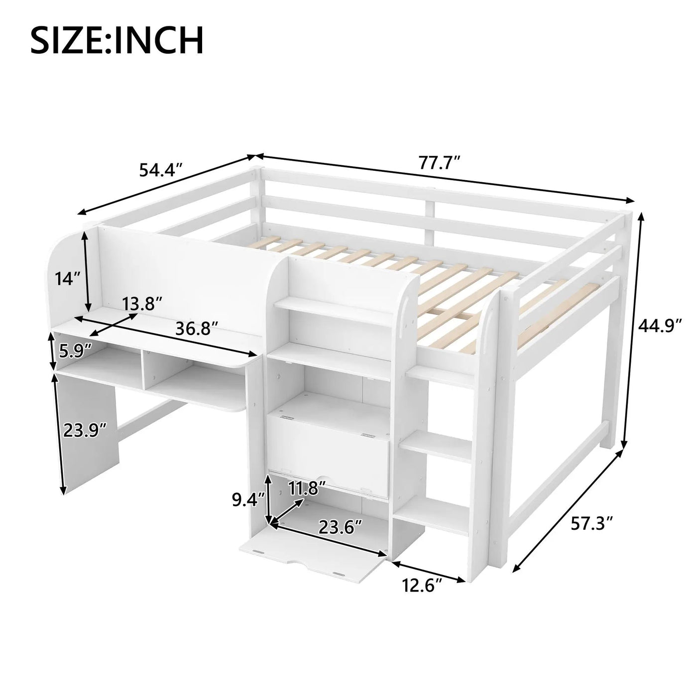 Low Loft Bed With Built In Desk, Storage Cabinets, Open Bookcase And Doodle board by HouseOfZazla