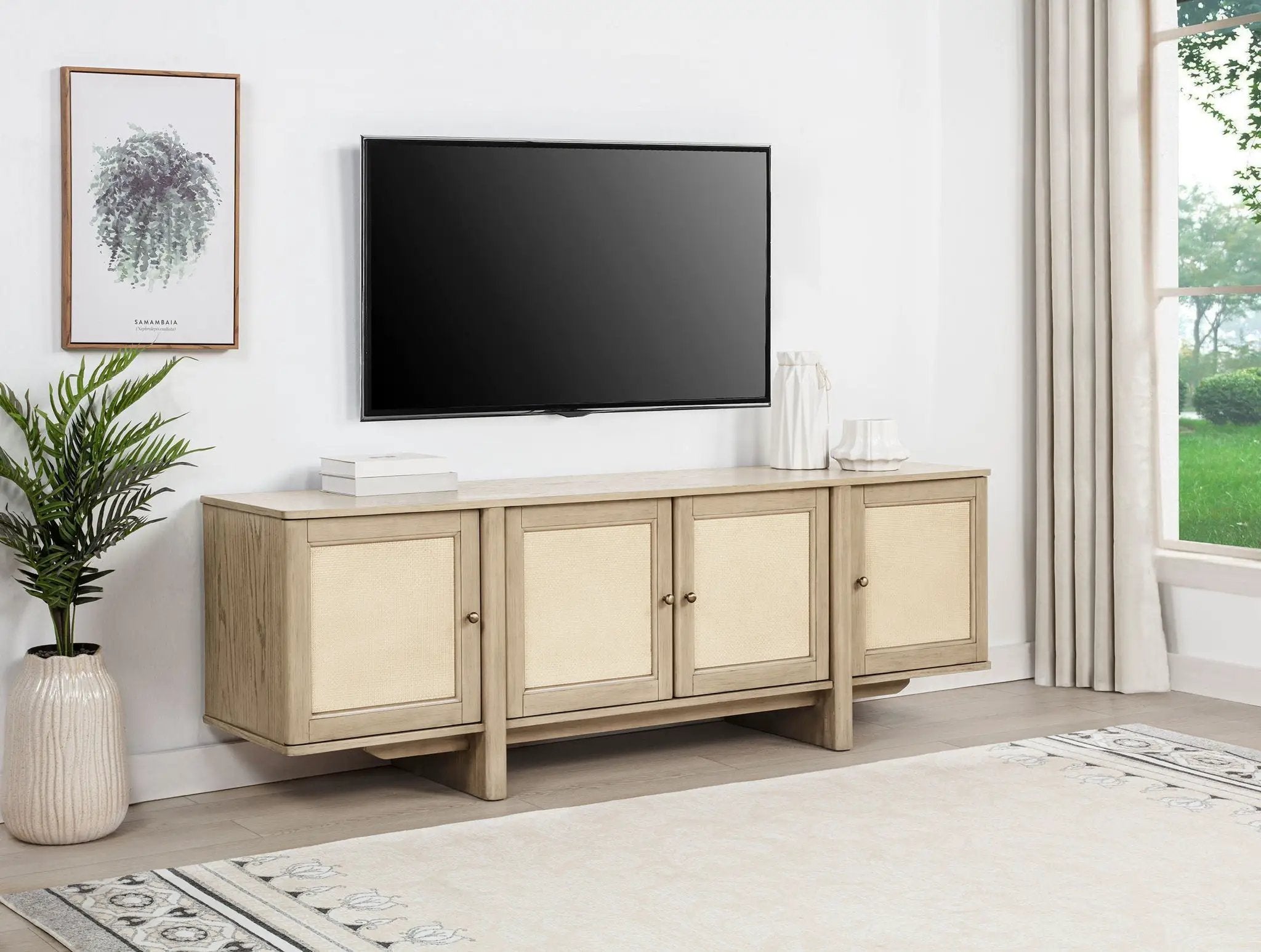 Kailani 79-inch 4-door Cane TV Stand Media Console Beige Oak by Unique Piece Furniture