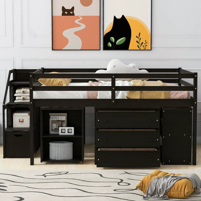 Loft Bed With Retractable Writing Desk And 3 Drawers With Storage Stairs And Shelves by HouseOfZazla