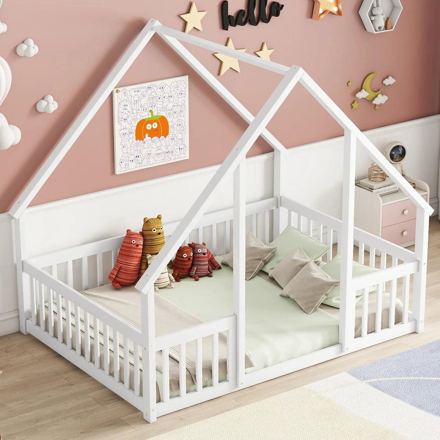 Wood House-Shaped Floor Bed With Fence, Guardrails by HouseOfZazla