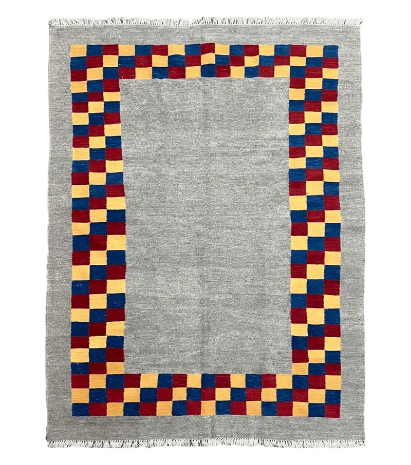Gray Kilim Carpet, Yellow, Red, Blue Checkerboard Pattern, Flatweave, New, Geometric, Hand-Knotted, Wool, Turkish Area Rug, 5' 9" x 7' 9" by Jewel Rugs