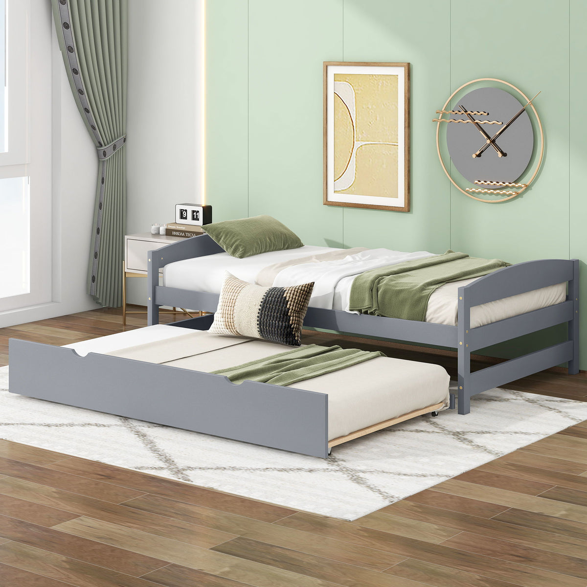 Twin Size Platform Bed with Trundle - Solid Wood Frame - Dark Gray or White, photo 5 of 22