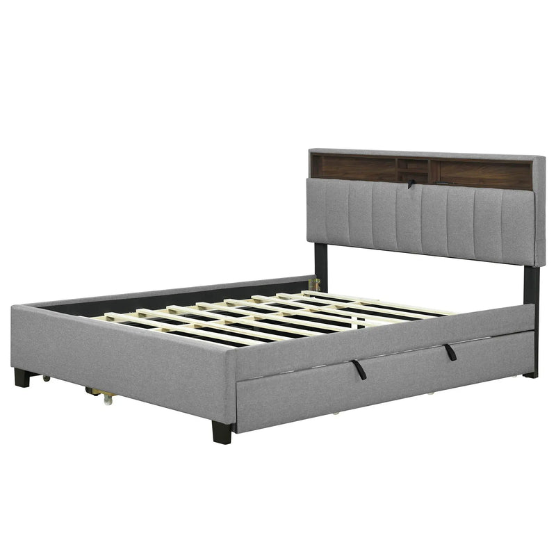 Upholstered Platform Bed With Storage Headboard, Trundle & 2 Drawers And A Set Of Sockets & USB Ports by HouseOfZazla
