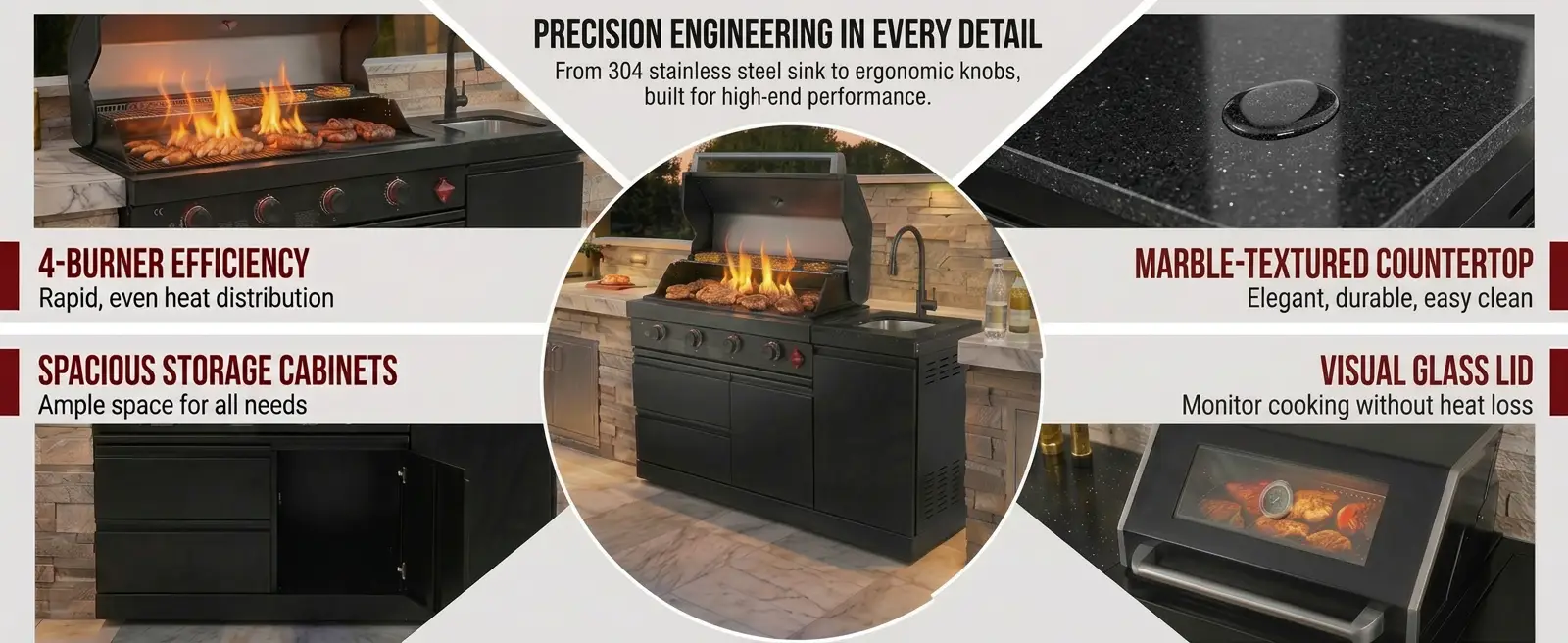 65" 4-Burner 72,000 BTU Black Outdoor Kitchen Island Grill + Round Side Burner by Chery Industrial