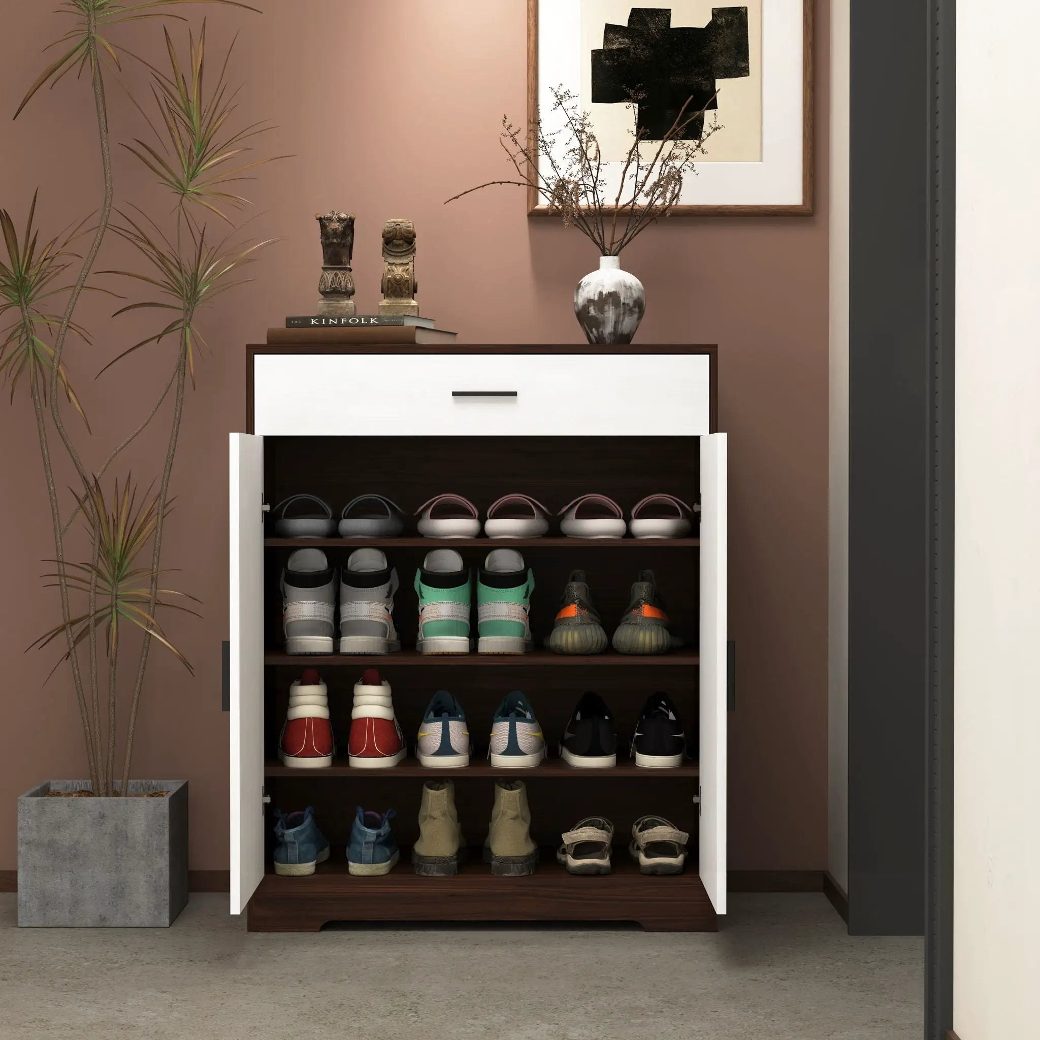 Freestanding Wooden Shoe Cabinet, 4 Tier Organizer With Drawer by Unique Piece Furniture