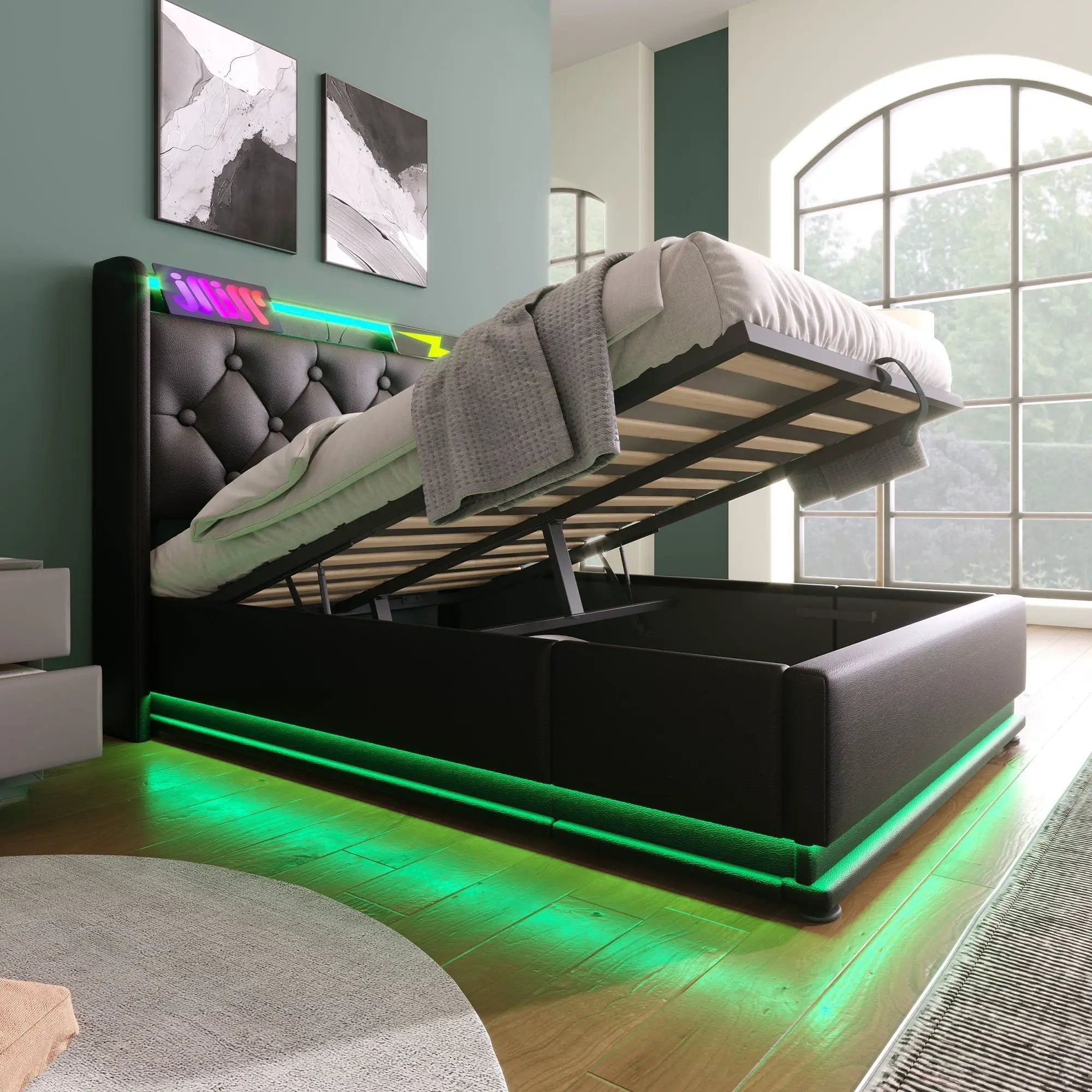 Upholstered Bed, 360 Surround LED Function, Remote Control, Hydraulic Storage Bed With USB, Type-C Charging (Without Mattress) by HouseOfZazla