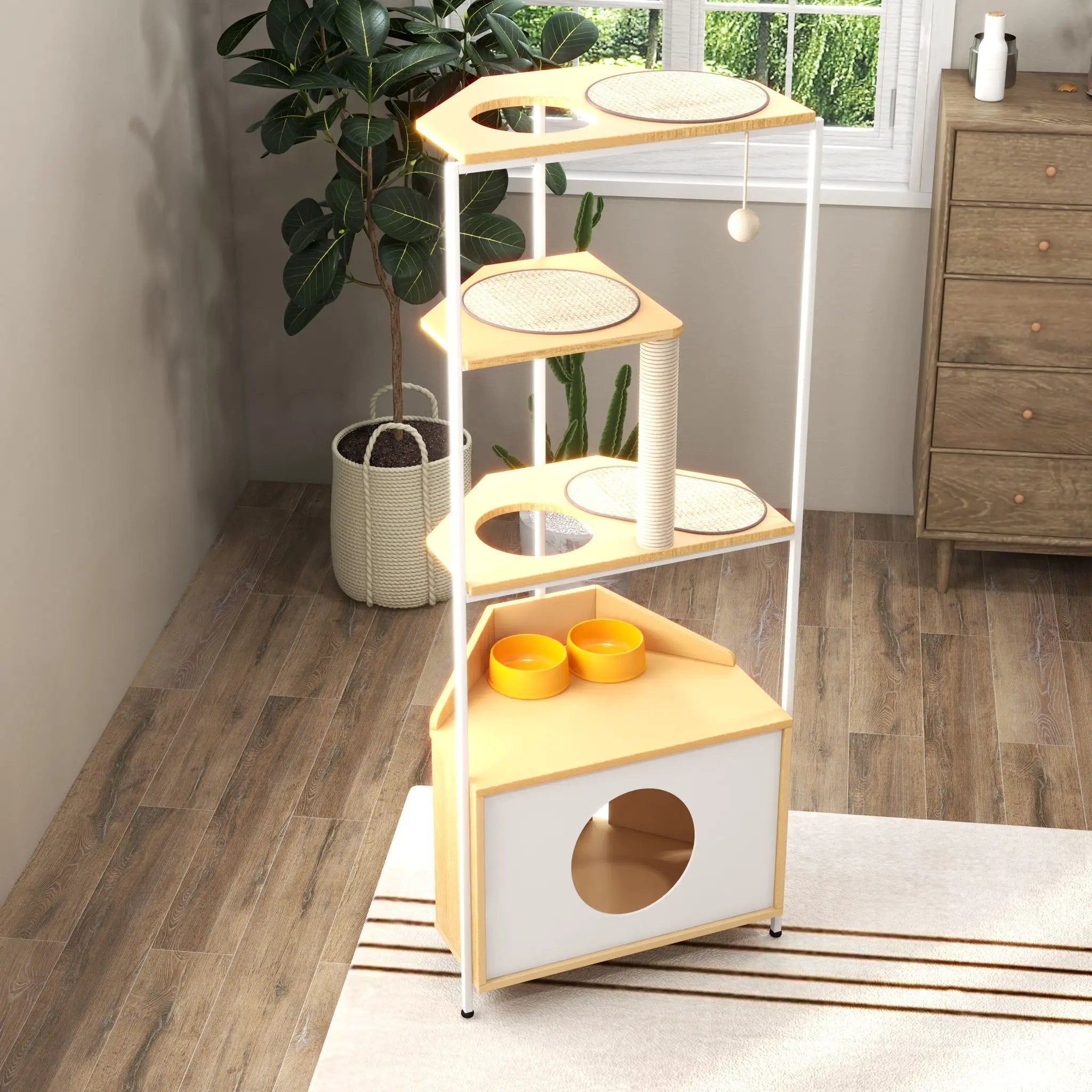 Corner Cat Tower, Cat Tree With Scratching Post, Cat Condo With Feeding Station And Climbing Platforms, Pet Furniture For Indoor Cats - White / Light Oak by HouseOfZazla
