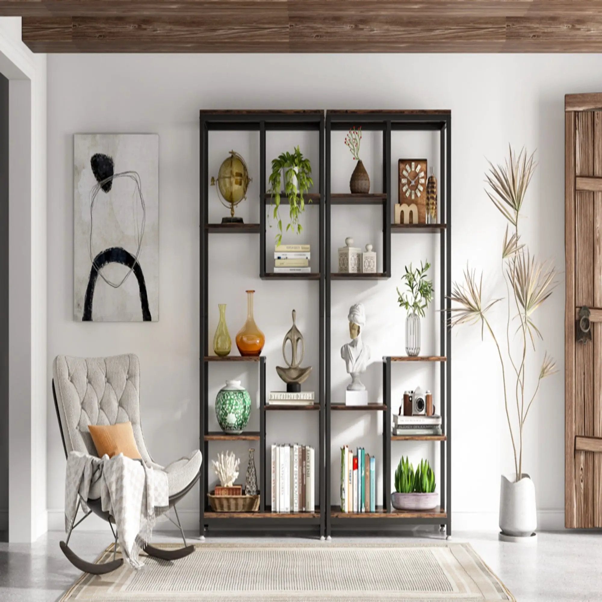 6 Tier, 8 Shelf Etagere Bookcase Storage Display Rack For Living Room - Rustic Brown by HouseOfZazla