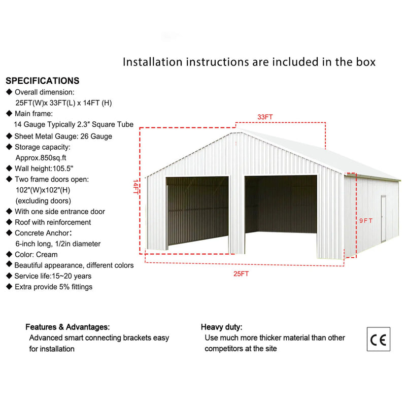 [25X33FT] Alora Heavy-Duty Double Garage Galvanized Steel Barn Shed (SAK61234) by SAKSBY WHOLESALE