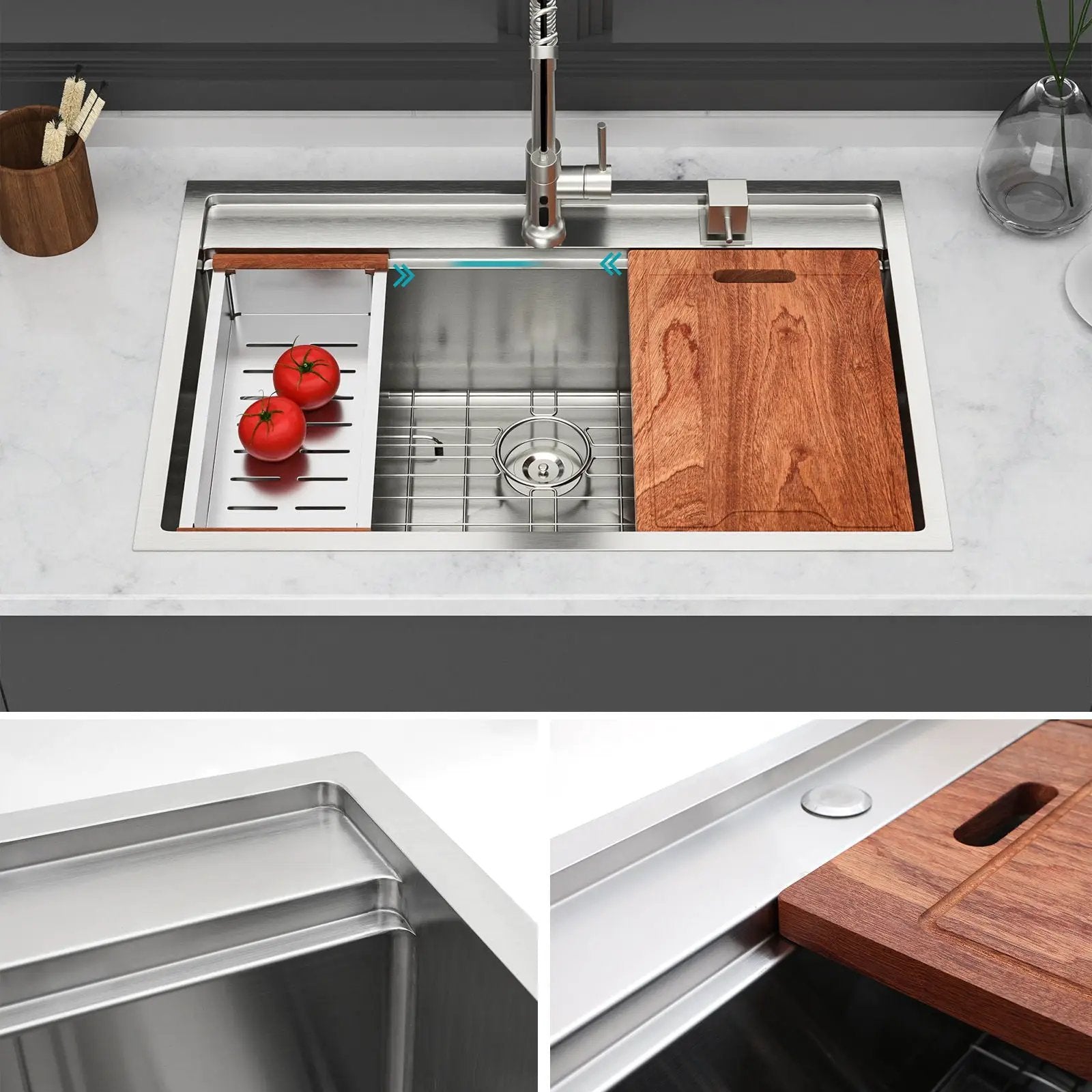 33" Drop In Kitchen Sink With Workstation, 16 Gauge Stainless Steel - Brushed Nickel by HouseOfZazla