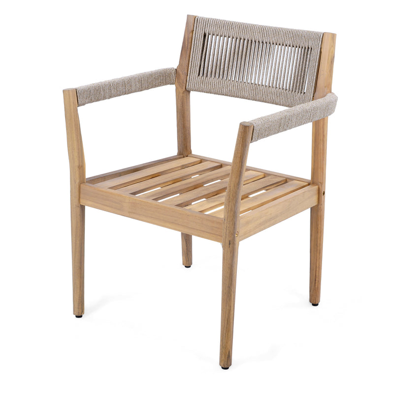 Braided Acacia Wood Outdoor Dining Chairs Set of 4 – Teak Look with Beige Rope & Cream Cushions by HouseOfZazla