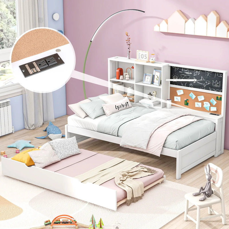 Twin Size Daybed With Storage Shelvesboard, Cork Board, USB Ports And Trundle - White by HouseOfZazla
