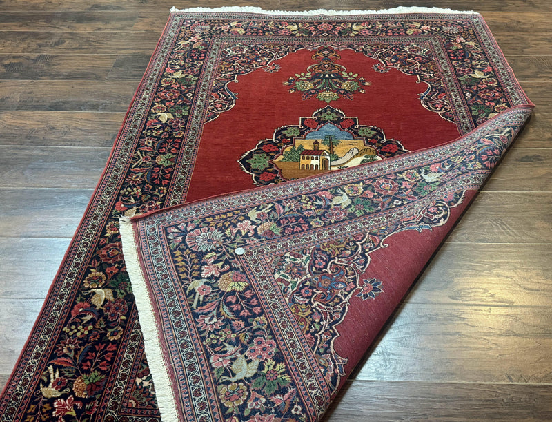 Red Persian Kashan Rug 4x6, Very Fine 260 KPSI, Red and Navy Blue Persian Carpet, Semi Open Field by Jewel Rugs