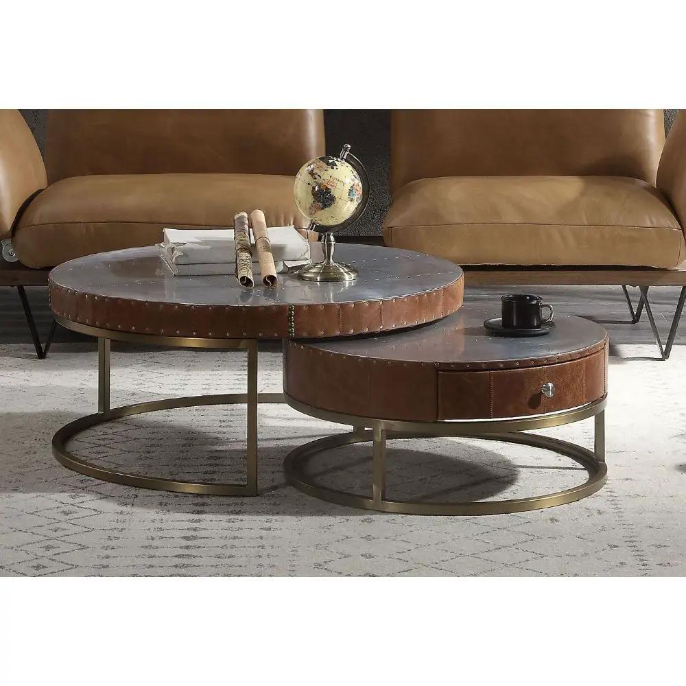 Tamas - 16" Coffee Table - Aluminum & Cocoa Top Grain Leather by Unique Piece Furniture