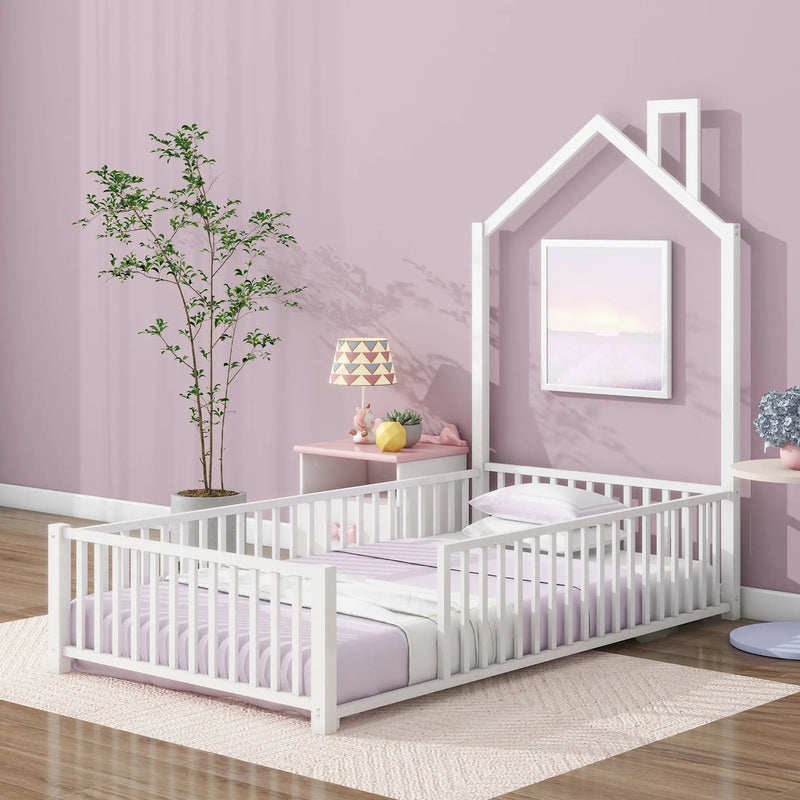 Metal House Platform Bed With Guardrail And Chimney by HouseOfZazla