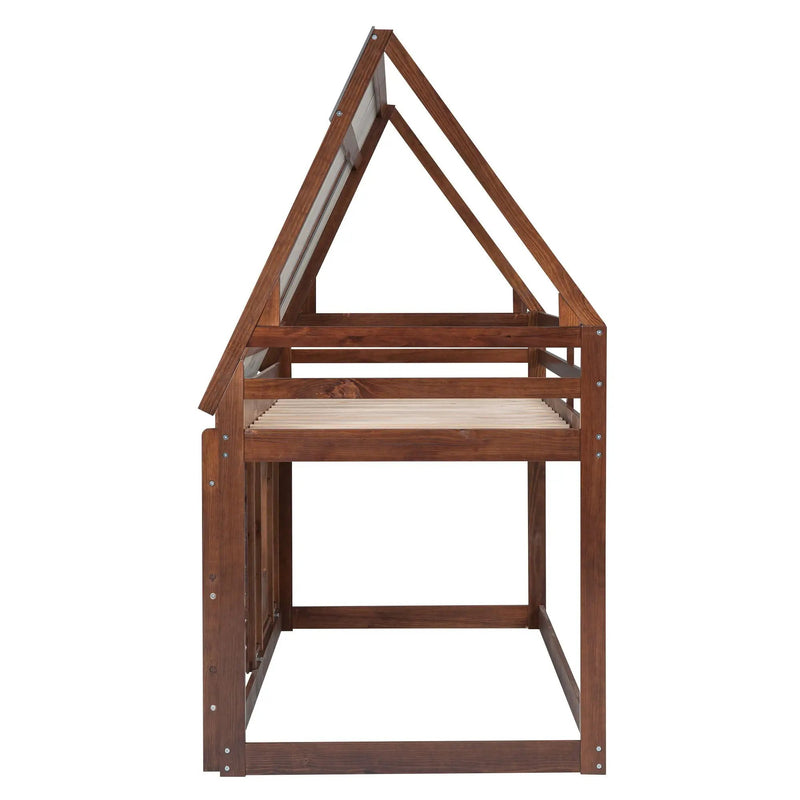 Wood Twin Size House Bunk Bed With Roof, Ladder And 2 Windows - Oak & Smoky Gray by HouseOfZazla