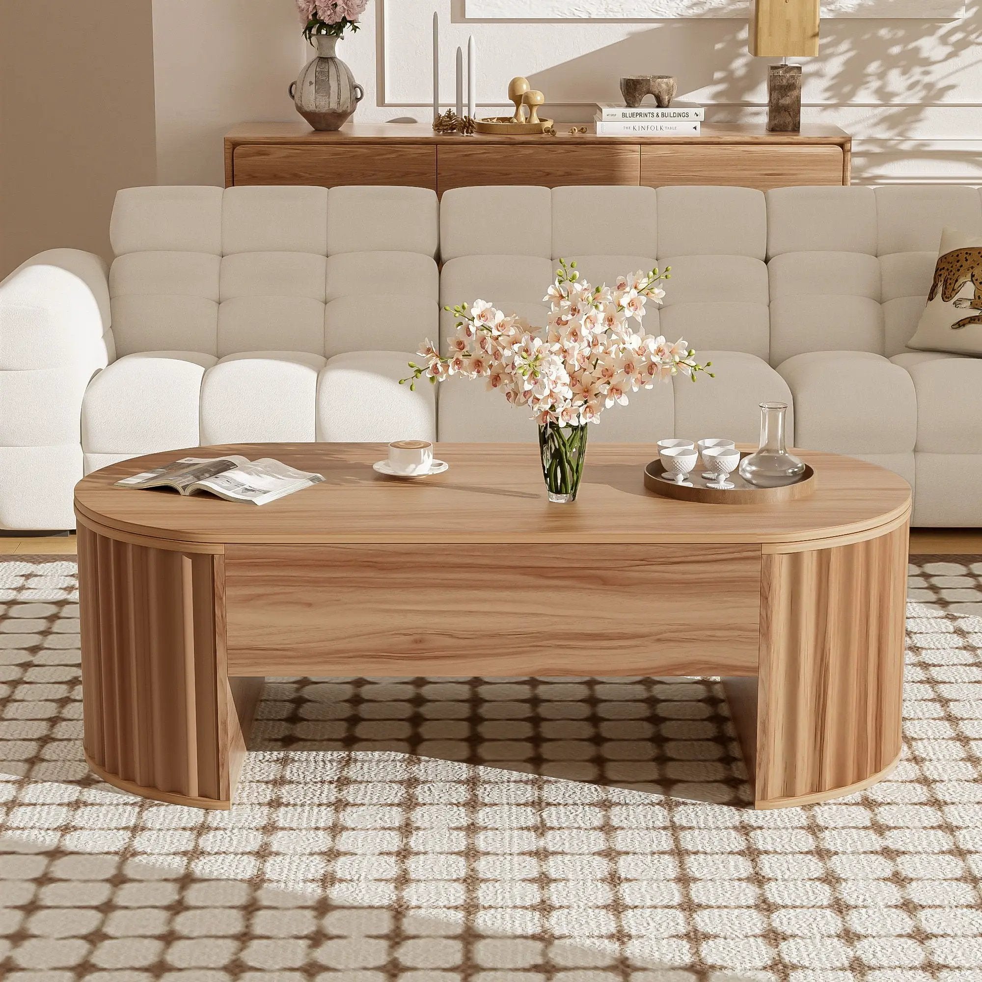 Lift Top Coffee Table With Hidden Compartment, Modern Oval Lift Tabletop For Home Living Room by Unique Piece Furniture