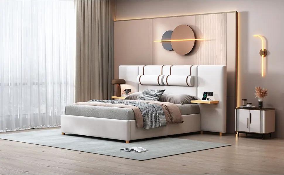 Upholstered Platform Bed, 2 Outlets And USB Charging Ports On Both Sides, 2 Bedside Pillows, Storage Shelves by HouseOfZazla