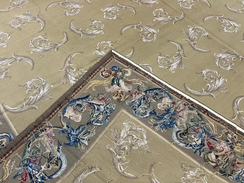 Vintage Aubusson Flatweave Area Rug 9x12, Aubusson Weave, Wool, Beige, Handmade, French European Design, 8'9" x 11'9" by Jewel Rugs