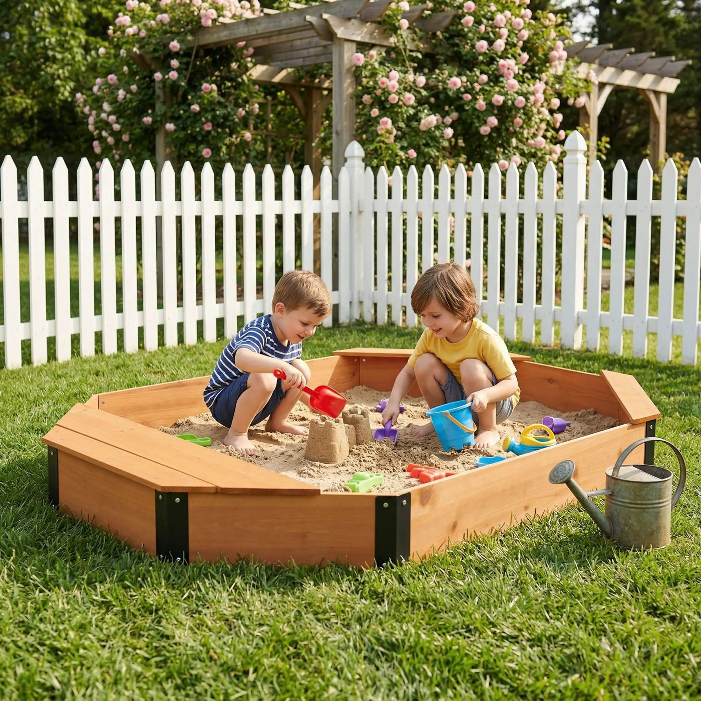 Octagon Sandbox With Storage, Sandpit With Cover And Liner For Backyard by HouseOfZazla