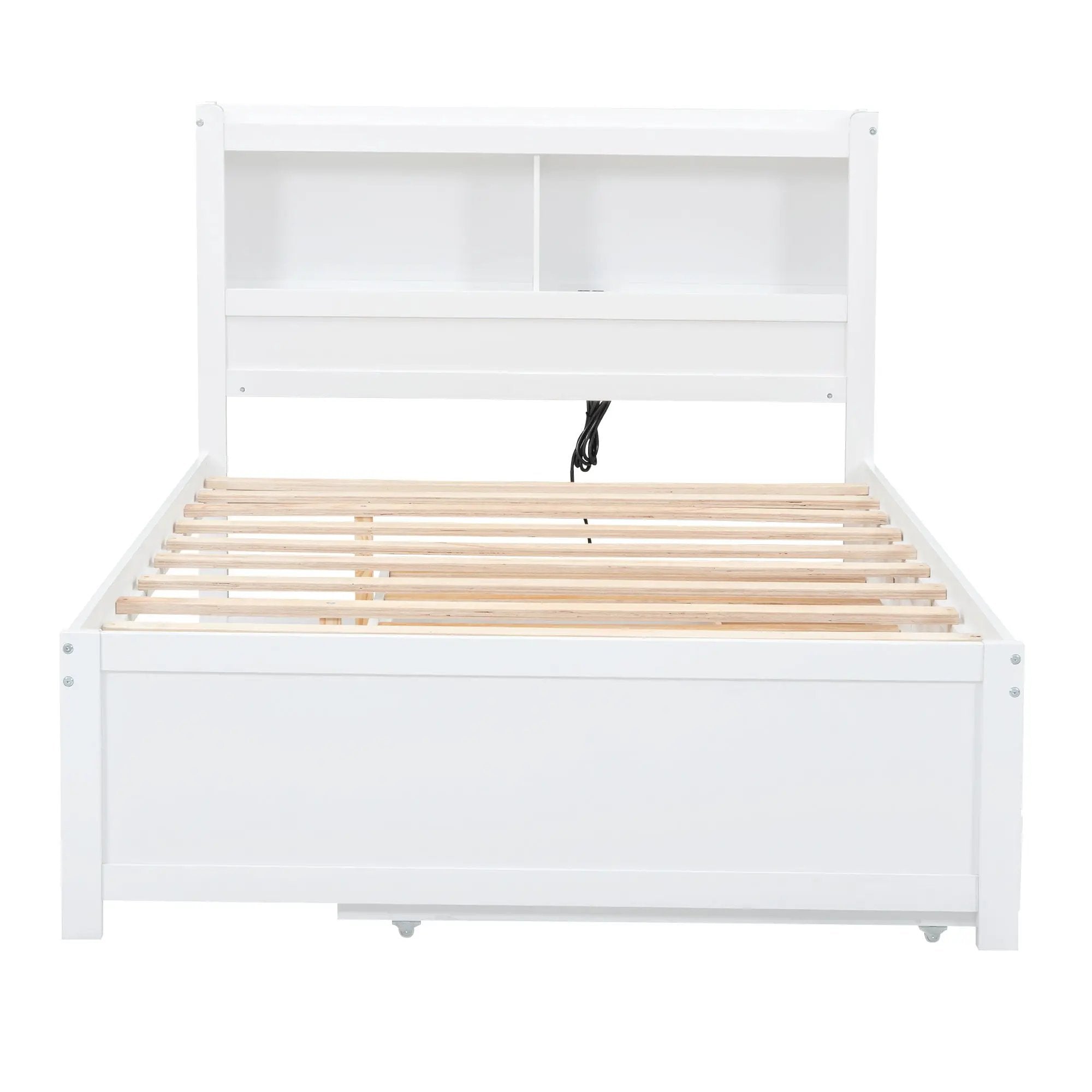Full Size Platform Bed With Trundle, Drawers, USB Ports And Built In Shelves - White by HouseOfZazla