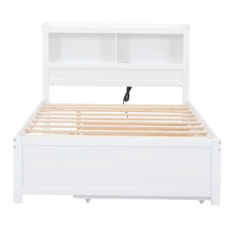 Full Size Platform Bed With Trundle, Drawers, USB Ports And Built In Shelves - White by HouseOfZazla