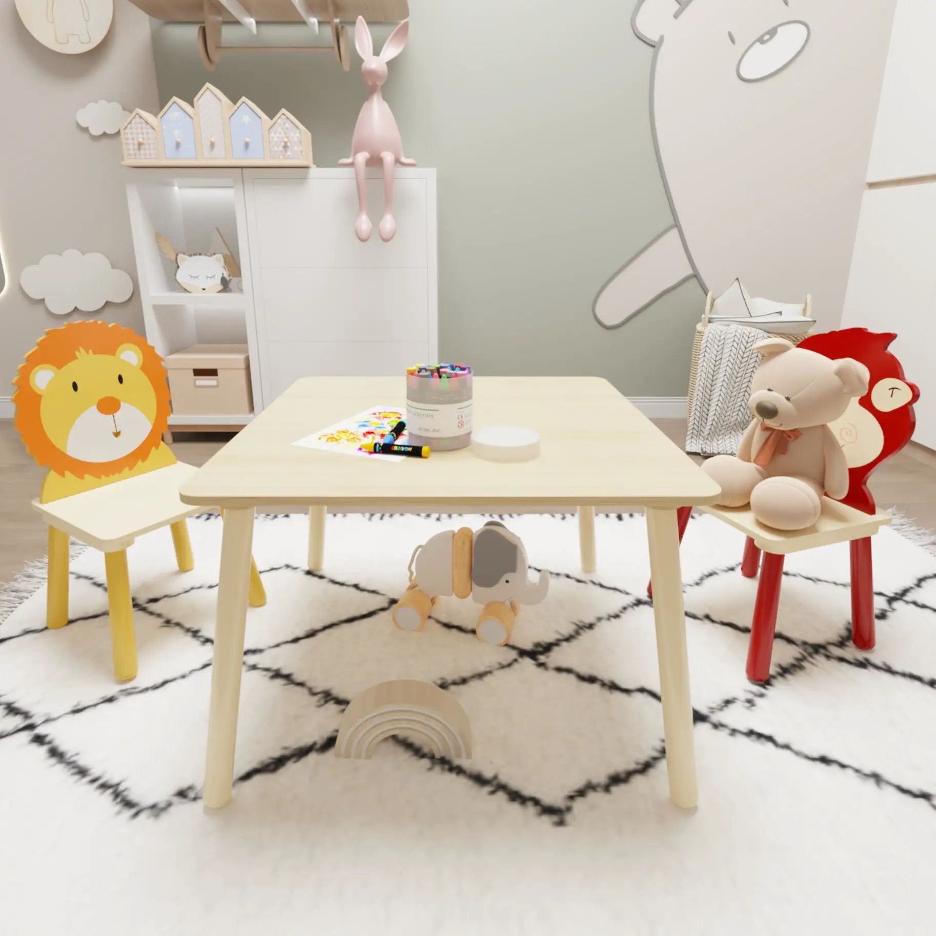 Kids Table And 2 Chairs Set, 3 Pieces Toddler Table And Chair Set, Wooden Activity Play Table Set (Lion&Monkey) - Natural by HouseOfZazla
