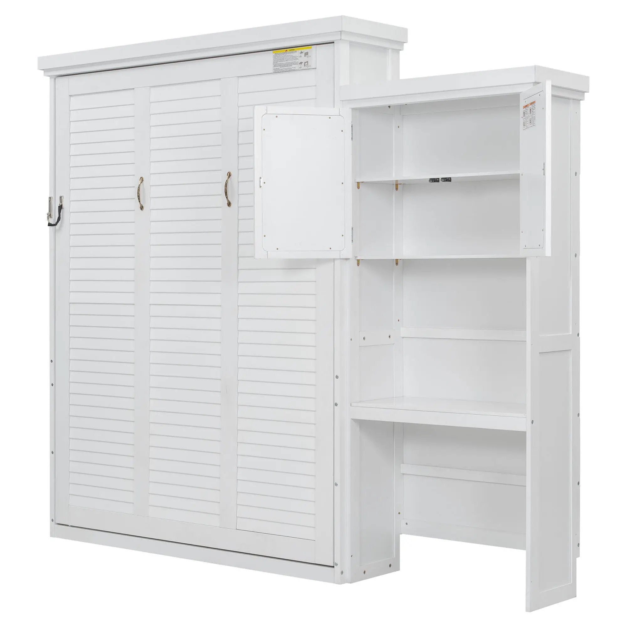 Queen Size Murphy Bed With Louvered Design And Multiple Storage Shelves - White by Unique Piece Furniture