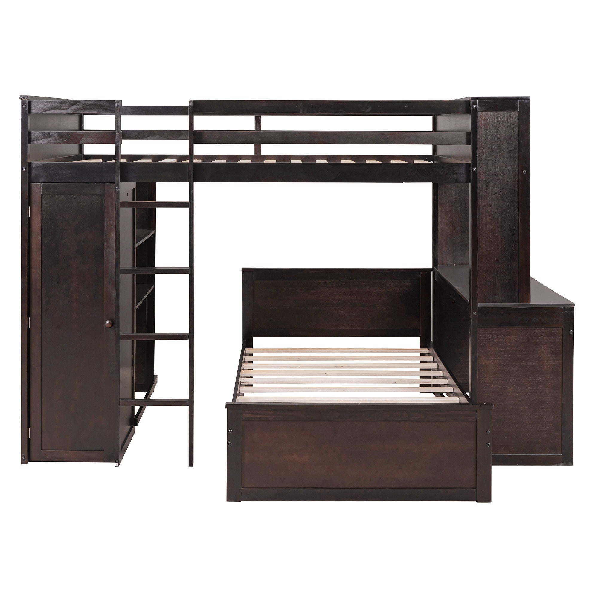 Loft Bed With A Twin Size Standalone Bed, Shelves, Desk, And Wardrobe by HouseOfZazla