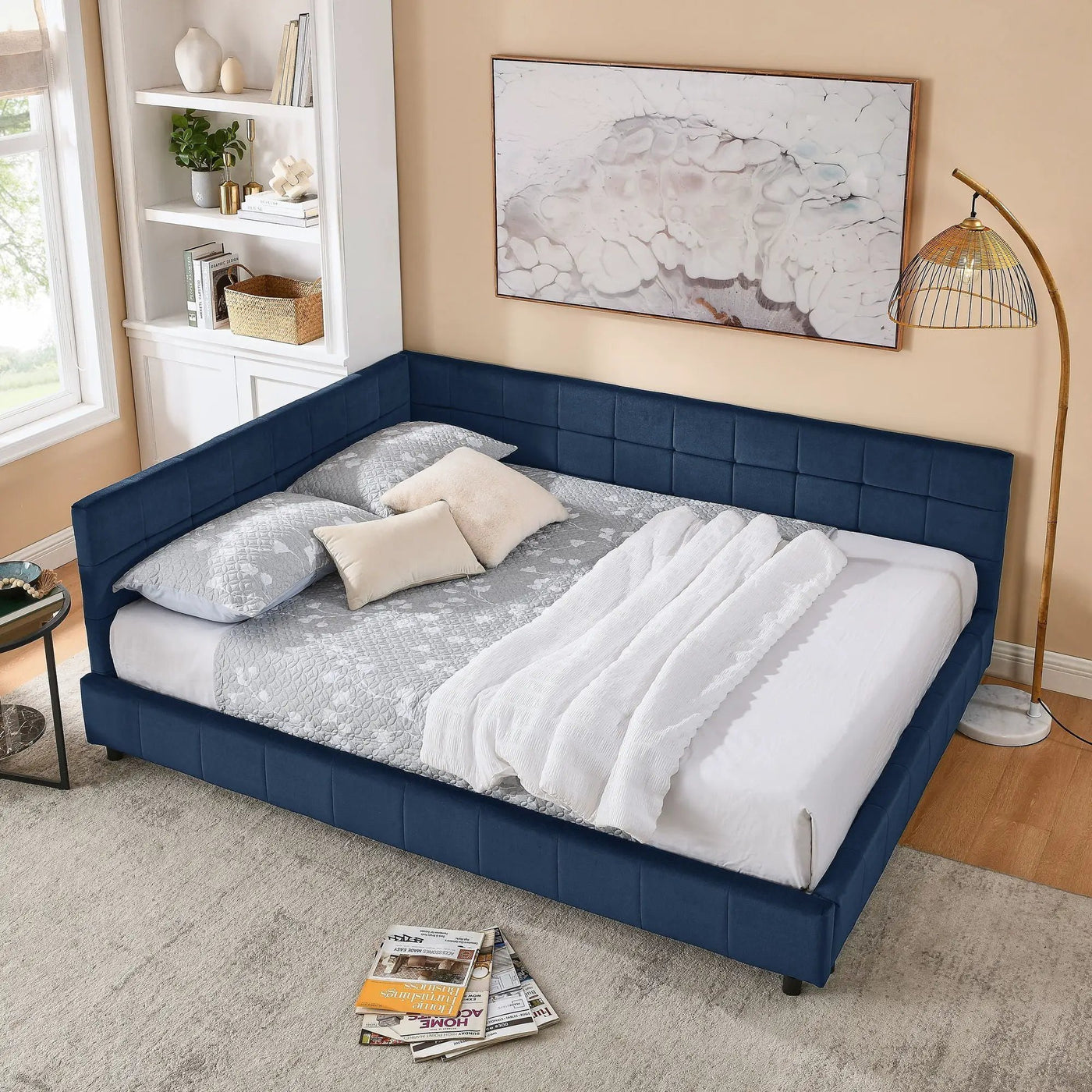 Mid-Century Storage Upholstered Tufted Bed Frame With Backrest And Armrests by HouseOfZazla