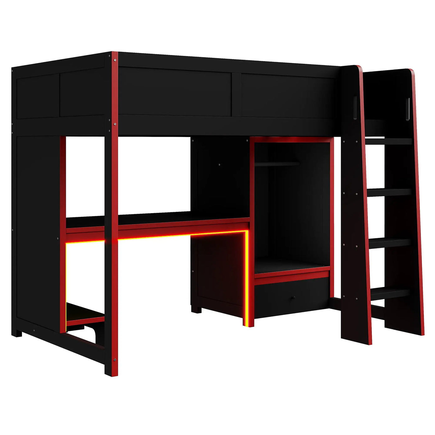 Gaming Loft Bed With Built In Desk, Wardrobe, LED Lighting And Drawer by HouseOfZazla