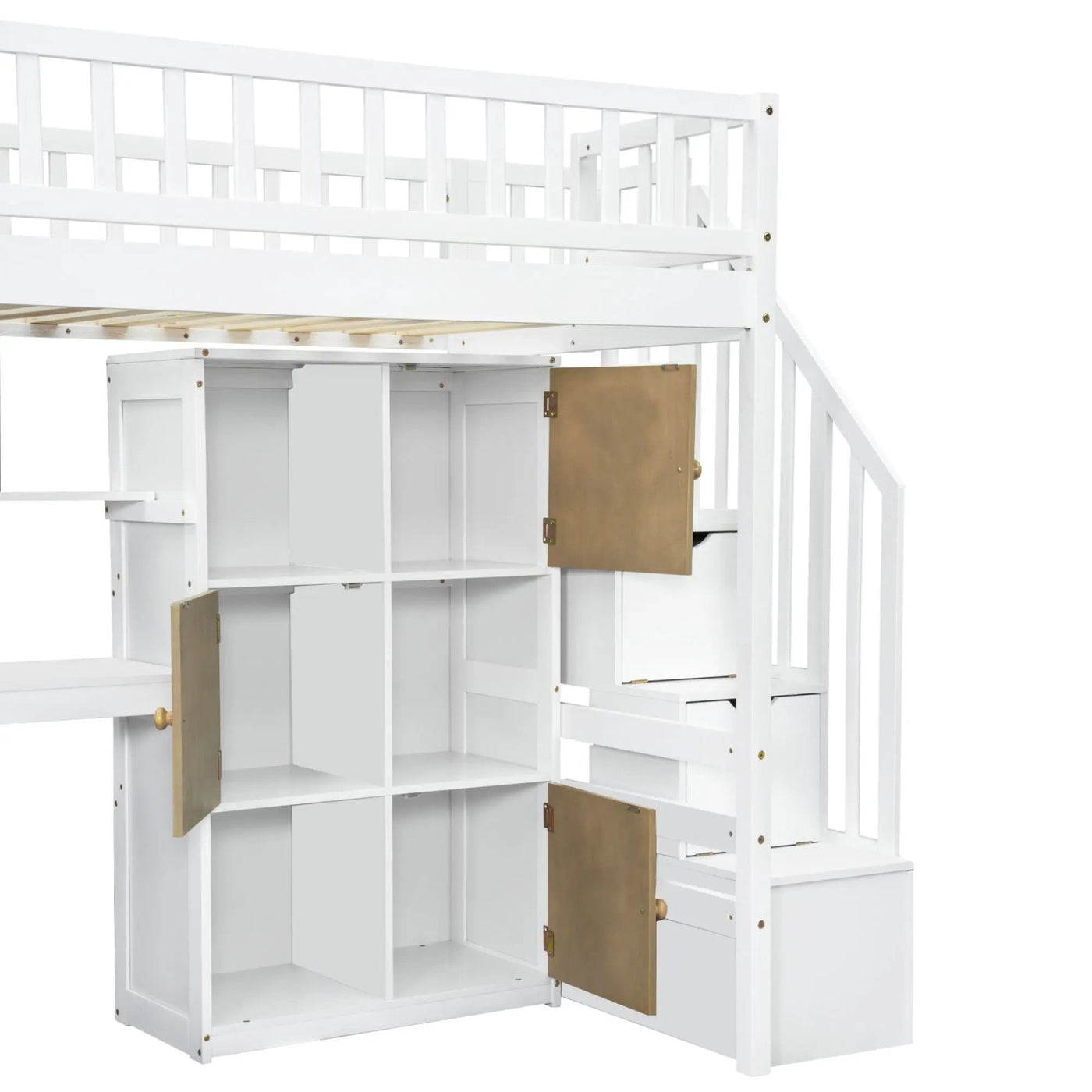 Loft Bed With Built In L Shaped Desk, LED Lights, Storage Shelves, Cabinets, And Staircase by HouseOfZazla