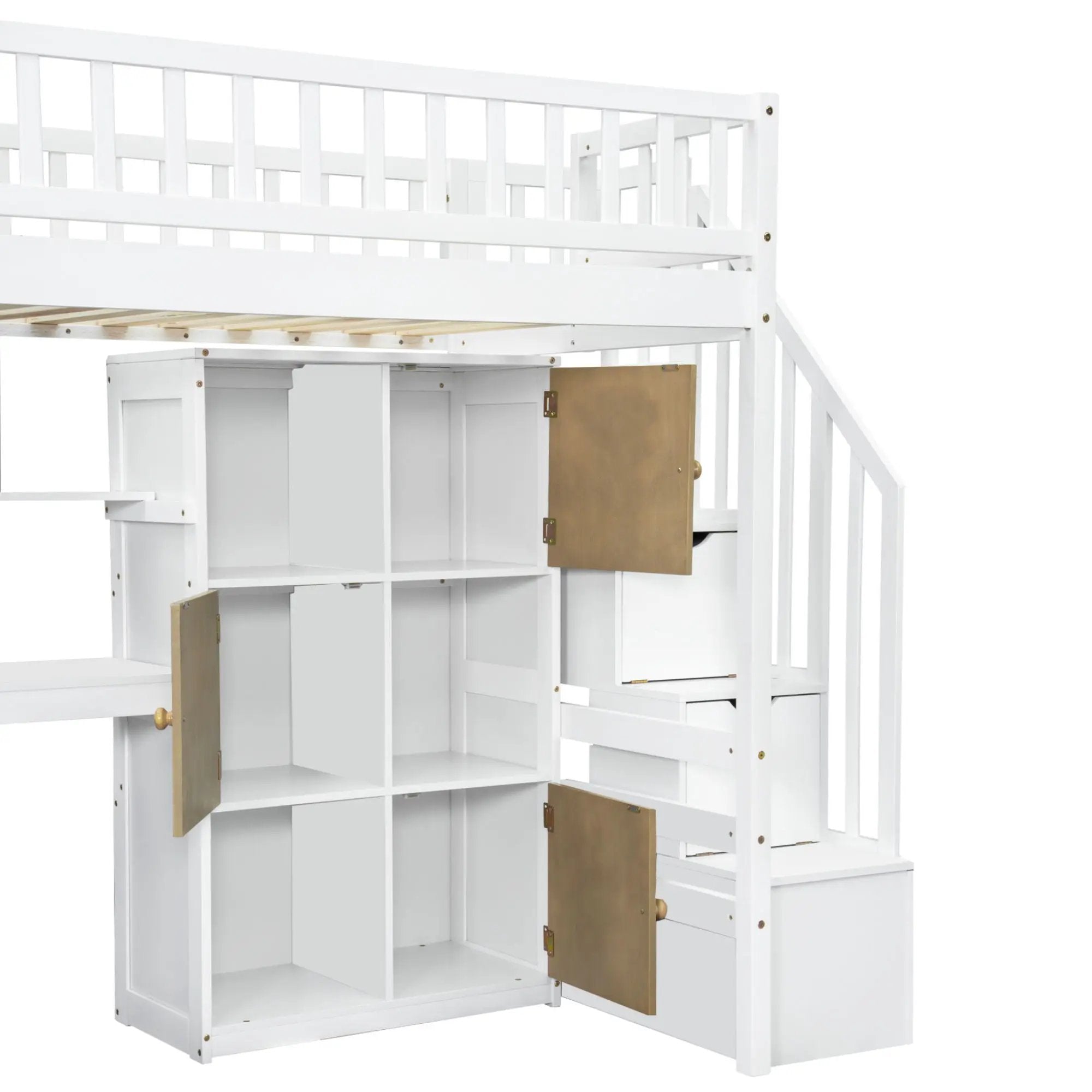 Loft Bed With Built In L Shaped Desk, LED Lights, Storage Shelves, Cabinets, And Staircase by HouseOfZazla