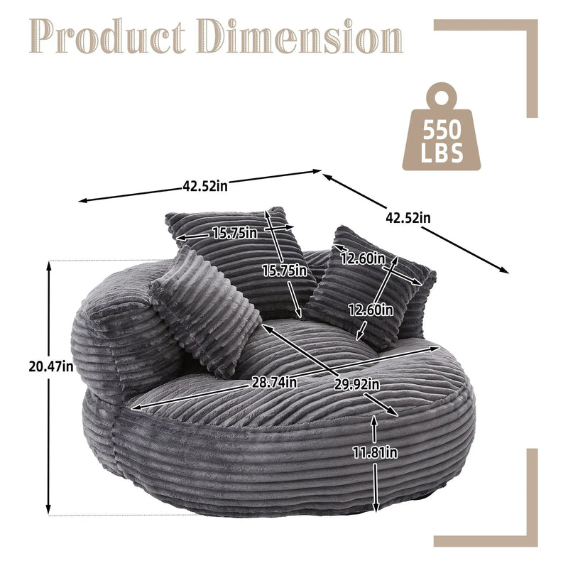 Oversized Bean Bag Chair With 3 Pillows & Armrest - Dark Gray by HouseOfZazla