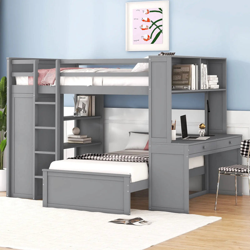 Loft Bed With A Twin Size Standalone Bed, Shelves, Desk, And Wardrobe by HouseOfZazla