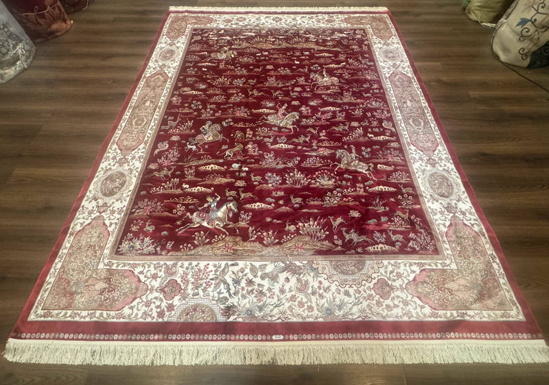 Turkish Silk Rug 8x10, Red & Ivory, Hunting Design, Bamboo Silk, New by Jewel Rugs