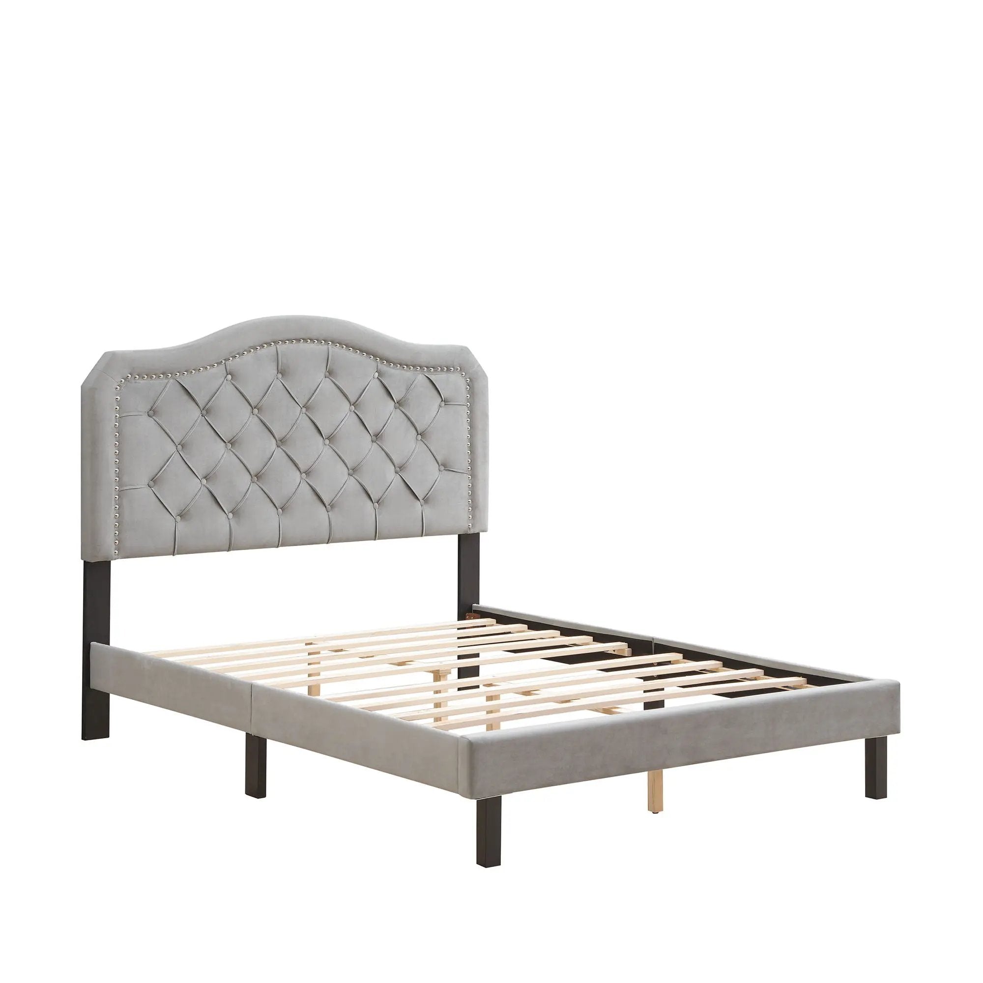 Queen Platform Upholstered Bed Button Tufted With Curve Design, Strong Wood Slat Support - Gray by Unique Piece Furniture