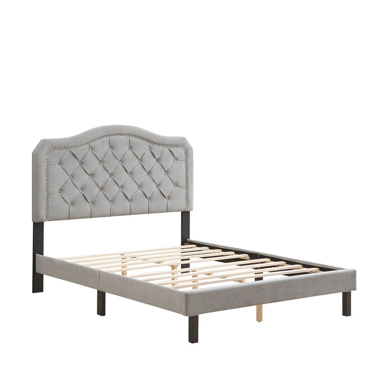 Queen Platform Upholstered Bed Button Tufted With Curve Design, Strong Wood Slat Support - Gray by Unique Piece Furniture