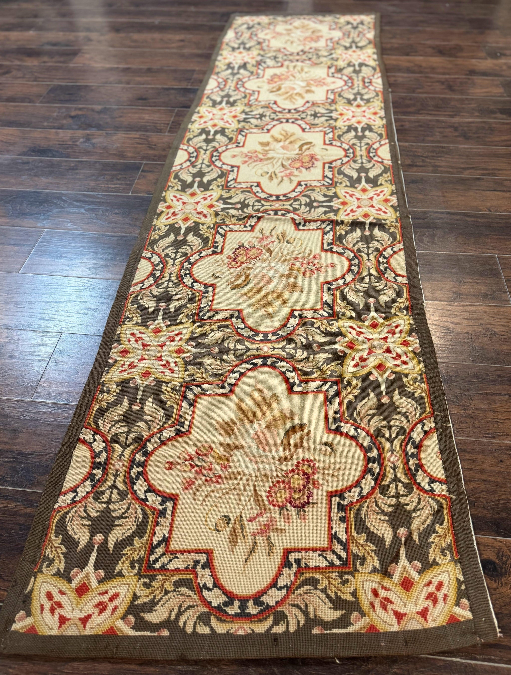 Needlepoint Runner Rug 2.7 x 9.7, European French Design, Wool, Handmade, Vintage by Jewel Rugs